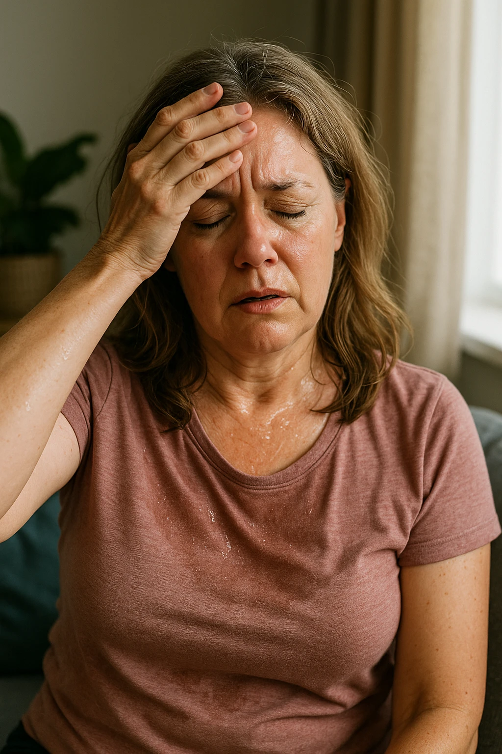 Donna in menopausa con sintomi evidenti. immagini specifiche, senza testo. immagini realistiche 4k emoji