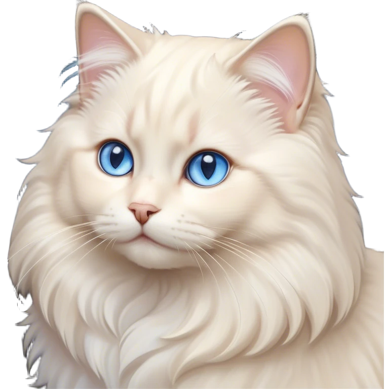 Cinematic Adorable Fluffy Cream Ragdoll Cat Portrait Emoji, Head tilted gracefully with soft, sparkling blue eyes, silky cream-colored fur with subtle darker points on the ears, face, and paws, Simplified yet noble features, highly detailed, glowing with a warm and gentle radiance, high shine, affectionate and poised, stylized with an air of elegance, bright and endearing, soft glowing outline, capturing the essence of a majestic and loving kitty, so dignified it feels like it could spring into action at any moment with grace! emoji