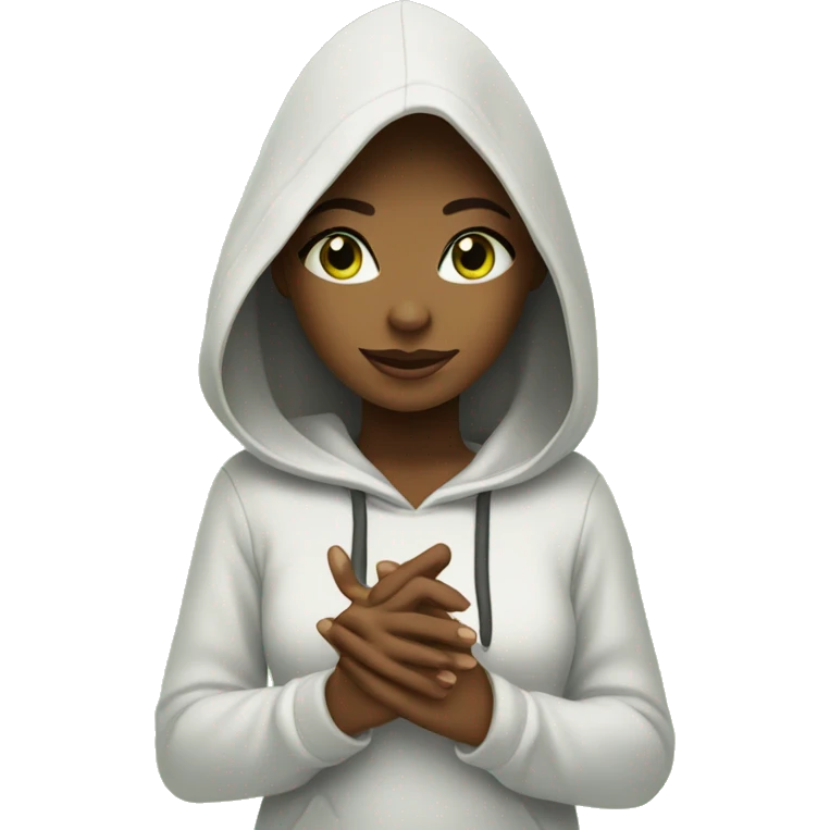 girl in hood  with green eyes under palm tree and engagement ring emoji