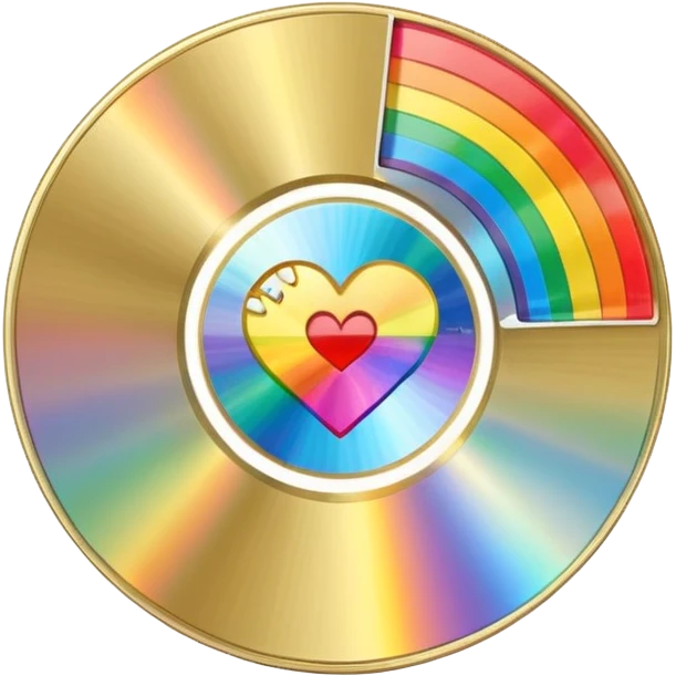 gold CD with a scratch, with a heart shape scratch, with a rainbow reflection emoji
