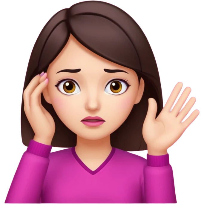 Social media manager. She has dark brown hair, brown eyes, , confused expression, raised eyebrows, questioning face, one hand on the head as if not understanding analytics.. Use vibrant colors with a focus on pink and fuchsia tone emoji