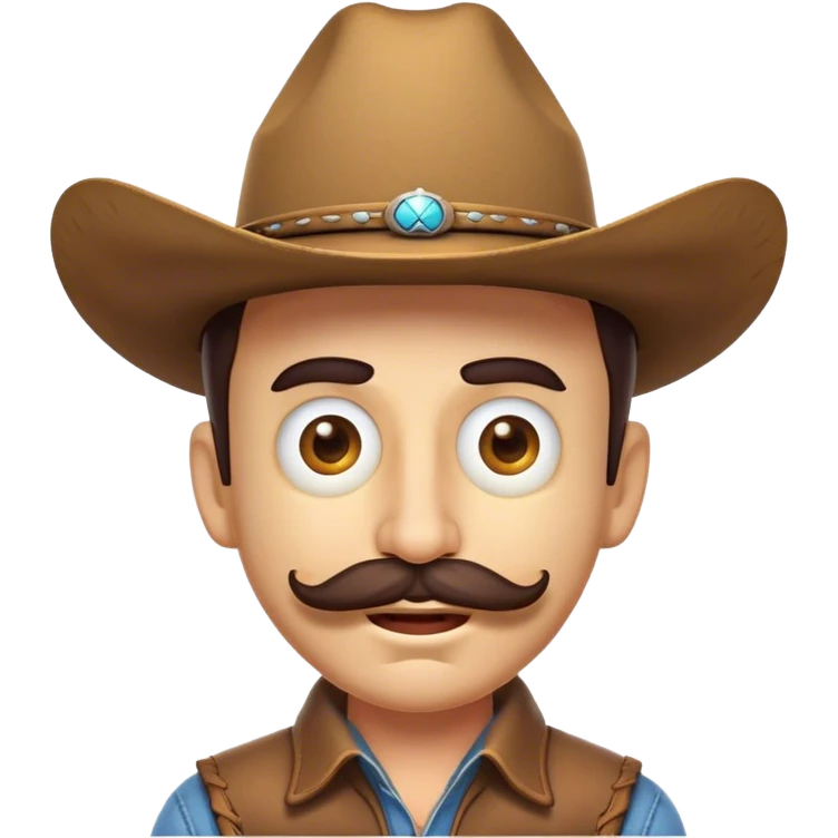 Clash of Clans aesthetic Comical Cowboy Portrait Emoji, Head tilted dramatically with an exaggerated, fun expression and wide, comically expressive eyes, featuring a rugged yet cartoonish build with a playful cowboy hat and quirky mustache, his natural skin tone evident, Simplified yet hilariously expressive features, highly detailed, glowing with a slightly sassy western glow, high shine, dramatic yet playful, stylized with an air of cheeky frontier mischief, soft glowing outline, capturing the essence of a meme-worthy cowboy bringing humor to epic quests! emoji