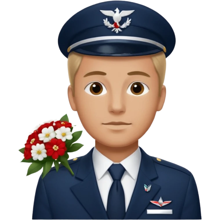 Homme avec bouquet fleurs blanches, avec uniforme bleu foncé cravate rouge comme Air France, arabe raie sur le côté sans chapeau juste insigne sans bouton manchette et un peu bronzée  emoji
