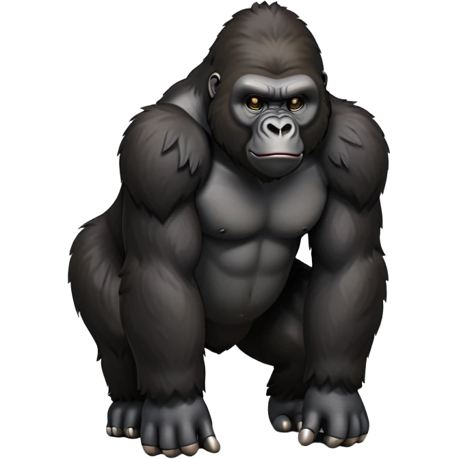 cinematic-gorilla-realistic-full-body-on-all-fours-emoji,-exuding-strength,-thick-dark-fur-in-the-light,-head-tilted-dramatically,-deep-dark-eyes-filled-with-intense-intelligence,-simplified-yet-realistic-focused-features,-highly-detailed, zoomed out friendly  emoji