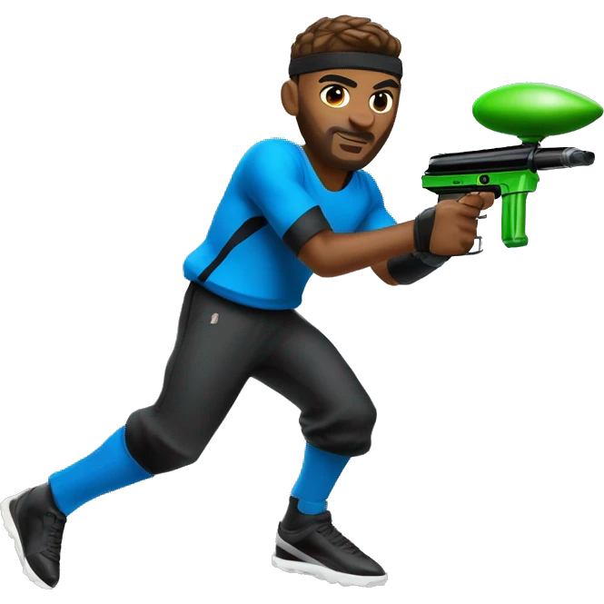 Brown skin paintball player, that looks similar to the Apple basketball player emoji, wearing a blue longsleeve jersey, black pants, a black headband, and running with a paintball gun in hand emoji