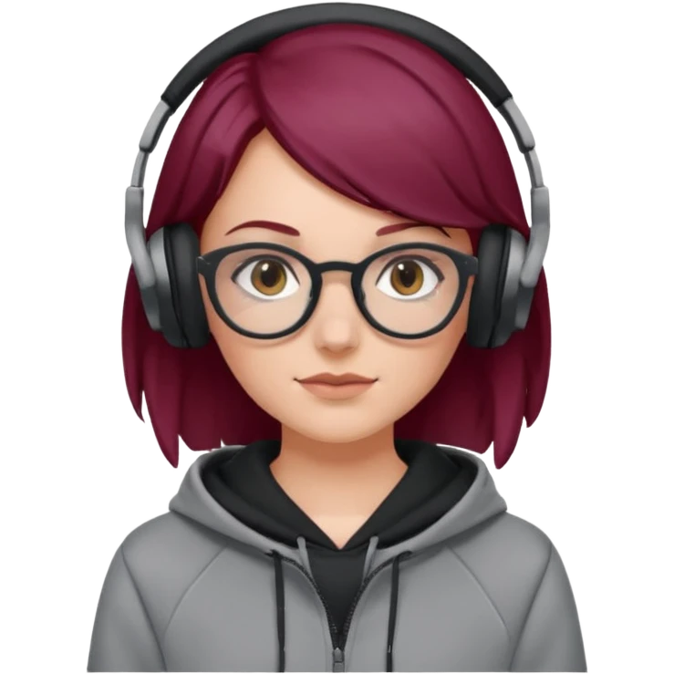 white girl with burgundy hair, gray glasses, black deportive hoodie and black headphones emoji