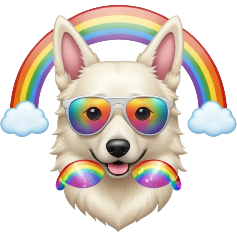 White belgian Shepard with glitter sunglas , on a rainbow emoji