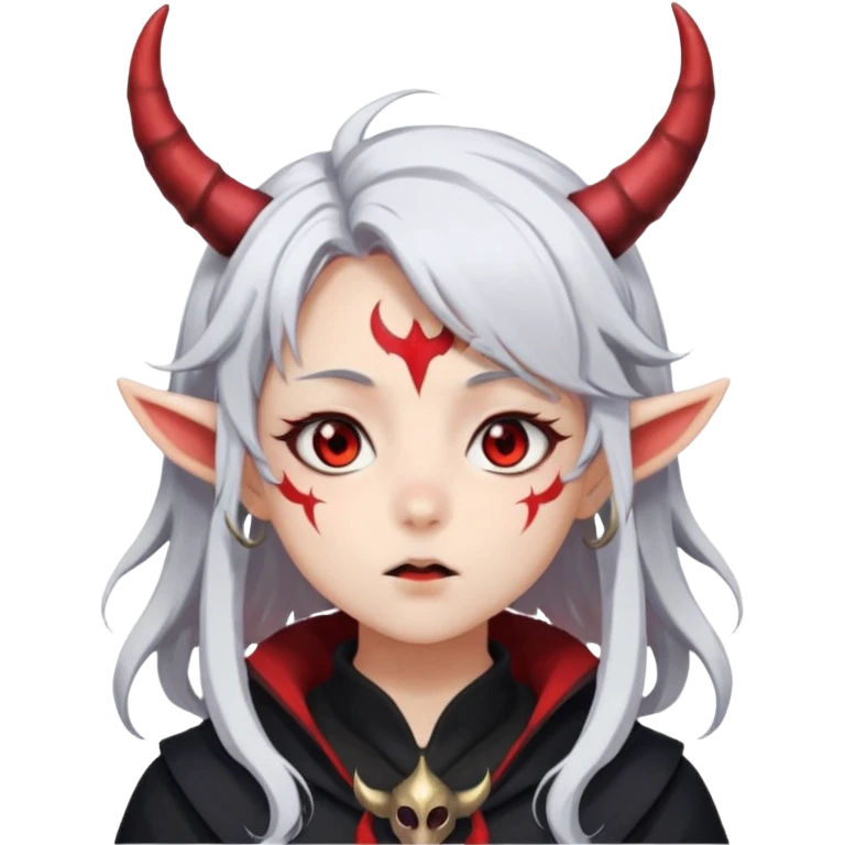 Dark style anime girl with white hair and red eyes, with horns on her head . There is an emotion of inhalation on the face emoji