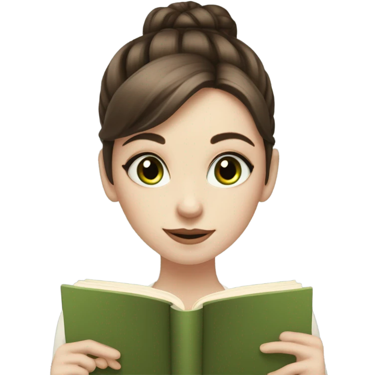 Girl with brown hair in a low bun, wispy bangs, green eyes, pale skin, reading a brown book emoji