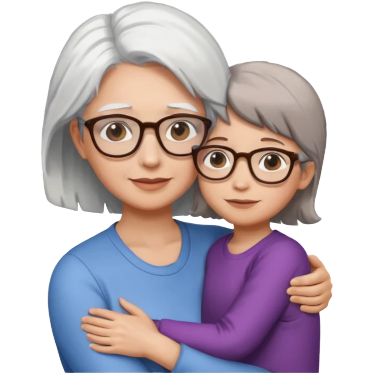 Abrazo de Madre de 60 años con pelo blanco y gafas y hija con pelo morena sin gafas emoji