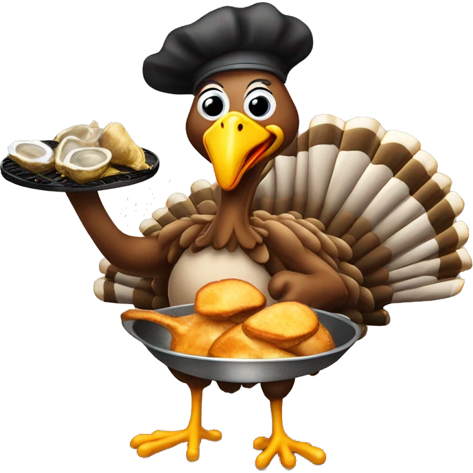 Turkey holding slice of black toasted bread with pan of oysters, fire emoji