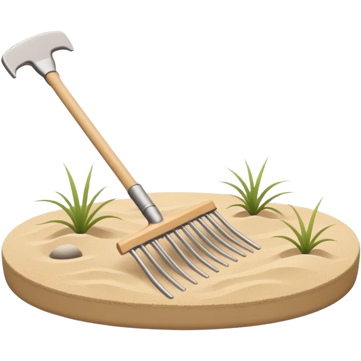 Minimalist emoji of a Japanese zen garden rake with four teeth, elegant thin lines, light wood tone, sand-beige palette, flat vector style, calm and balanced aesthetic, zen-inspired, transparent background, premium minimal design emoji