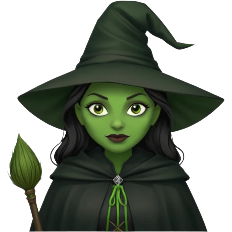 elphaba wicked witch with broom close up, evil dark coily long dark hair, green skin, thick green lips, cheekbones, smirk evil menacing cythia erivo dark aesthetic black hat cloak black broom emoji
