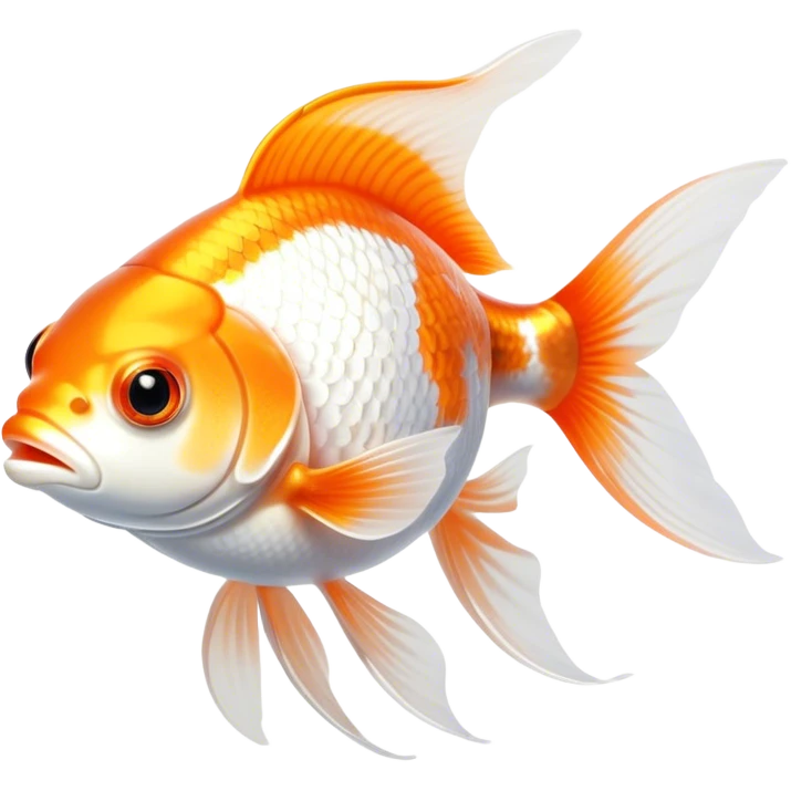 Cinematic Noble Orange and White Goldfish Portrait Emoji, Poised and regal, with a sleek, streamlined build and a vibrant body featuring a harmonious blend of orange and white hues, deep-set soulful golden eyes, Simplified yet sharp and sophisticated features, highly detailed, glowing with a soft, dignified glow, high shine, intelligent and graceful, stylized with an air of aquatic artistry, focused and attentive, soft glowing outline, capturing the essence of a watchful and confident aquatic companion, so majestic it feels as though it could glide out of the screen with effortless authority! emoji