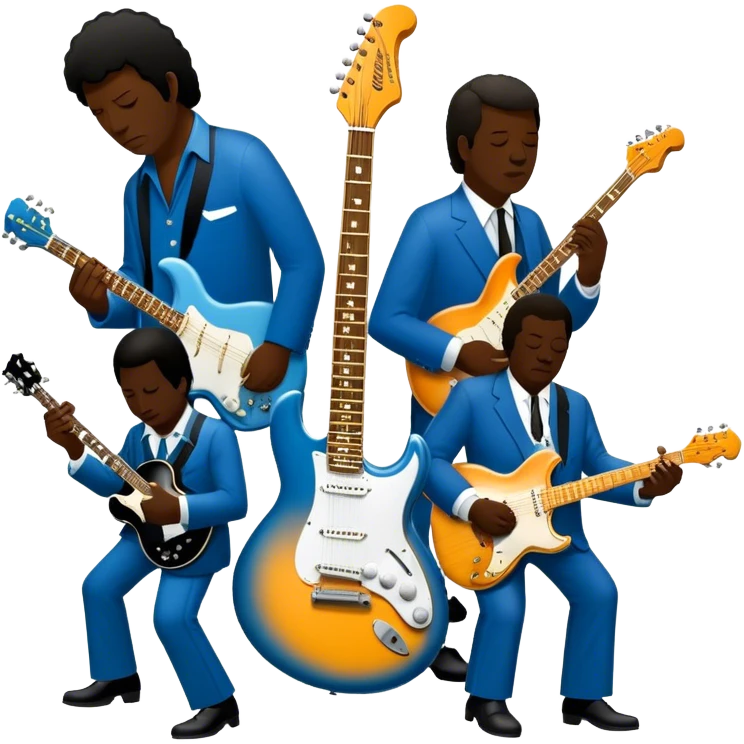 Icon for Blues Music: close-up collage of legendary blues artists. Gary Moore, Eric Clapton, B.B. King and Joe Cocker. Represented by silhouettes or symbolic items like guitars, microphones, or music notes, reflecting the soulful energy of blues music. Transparent background. emoji