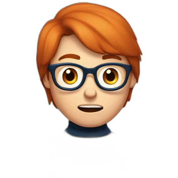 a red-haired boy with glasses and blue eyes in a turtleneck is working at a computer and angry emoji
