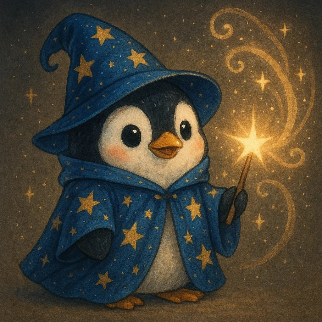 a cute penguin wizard with a starry robe and a glowing wand, casting a spell emoji