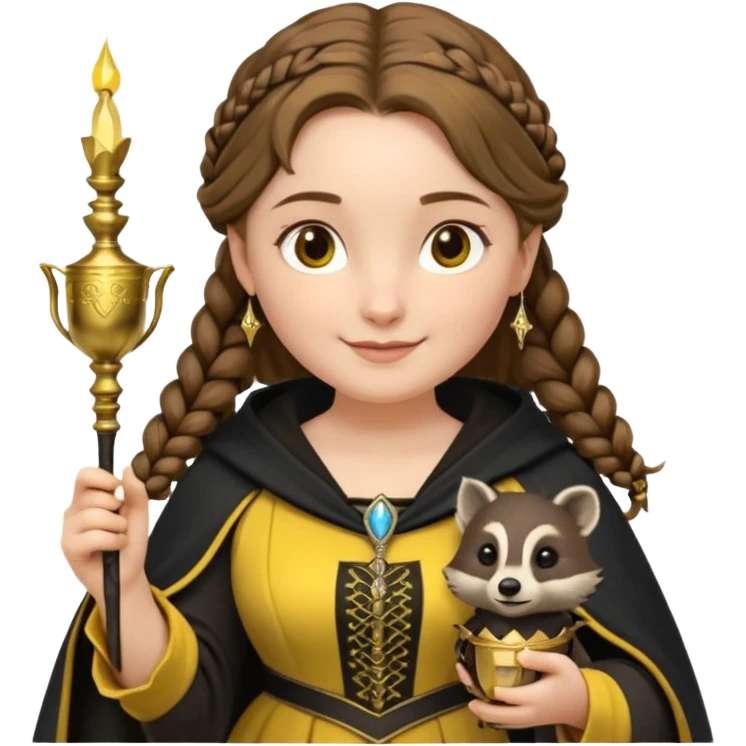 Helga Hufflepuff,the Hogwarts founder of Hufflepuff,brown-haired,2braids,yellow-black medieval dress with black cloak decorated with gold braiding,flickering magic wand and tiny two-handled shiny gold cup engraved with the badger silhouette,very kind smile,curvy busty sweet emoji