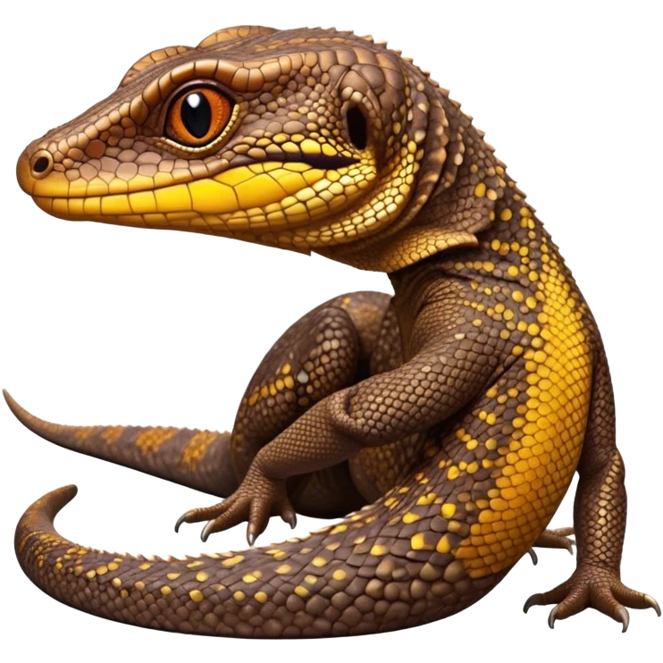 Cinematic Cute brown camo spotted monitor Lizard Portrait Emoji, Head tilted playfully and inquisitively, with a sleek, patterned body accented by vibrant hues and round, sparkling eyes full of wonder, Simplified yet irresistibly adorable features, highly detailed, glowing with a warm, friendly glow, high shine, affectionate and lively, stylized with a touch of exotic charm, bright and endearing, soft glowing outline, capturing the essence of a mischievous yet captivating lizard that seems as if it could scuttle out of the screen into your arms! emoji