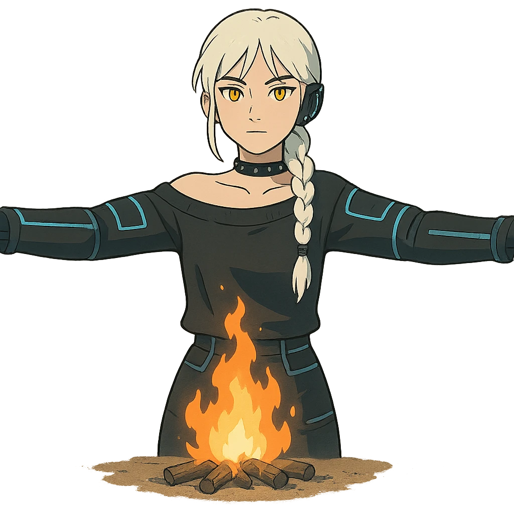  young woman with gold yellow eyes, white hair, long braid, black off-shoulder top, punk gothic style, futuristic cyberwave cyberpunk,, she is calmly t-posing , there is a small bonfire in front of her emoji
