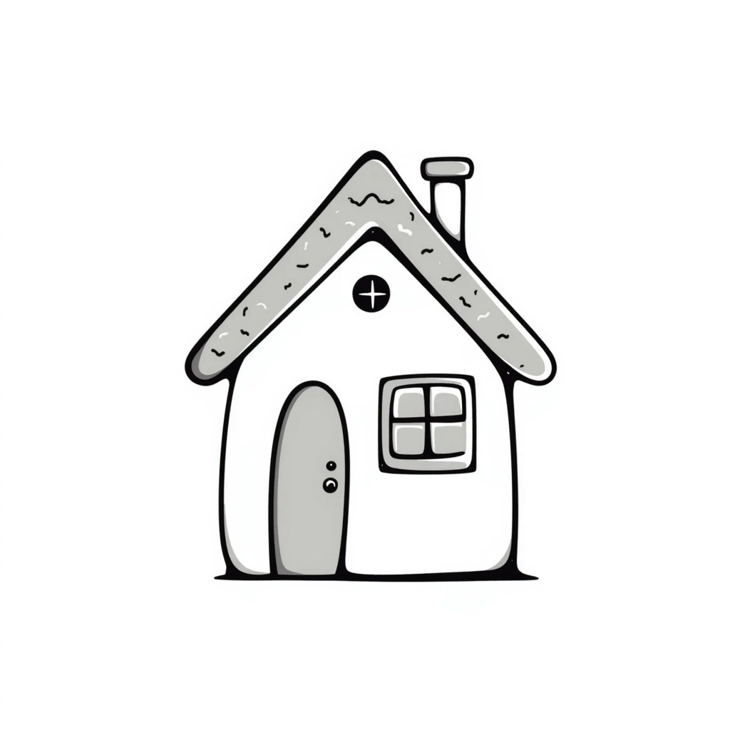 A cute small house/cottage with roof and windows in pastel colors (dd9fb0, ffc6d3, a3bfc9, c4bee2, f1b091), hand-drawn doodle style emoji
