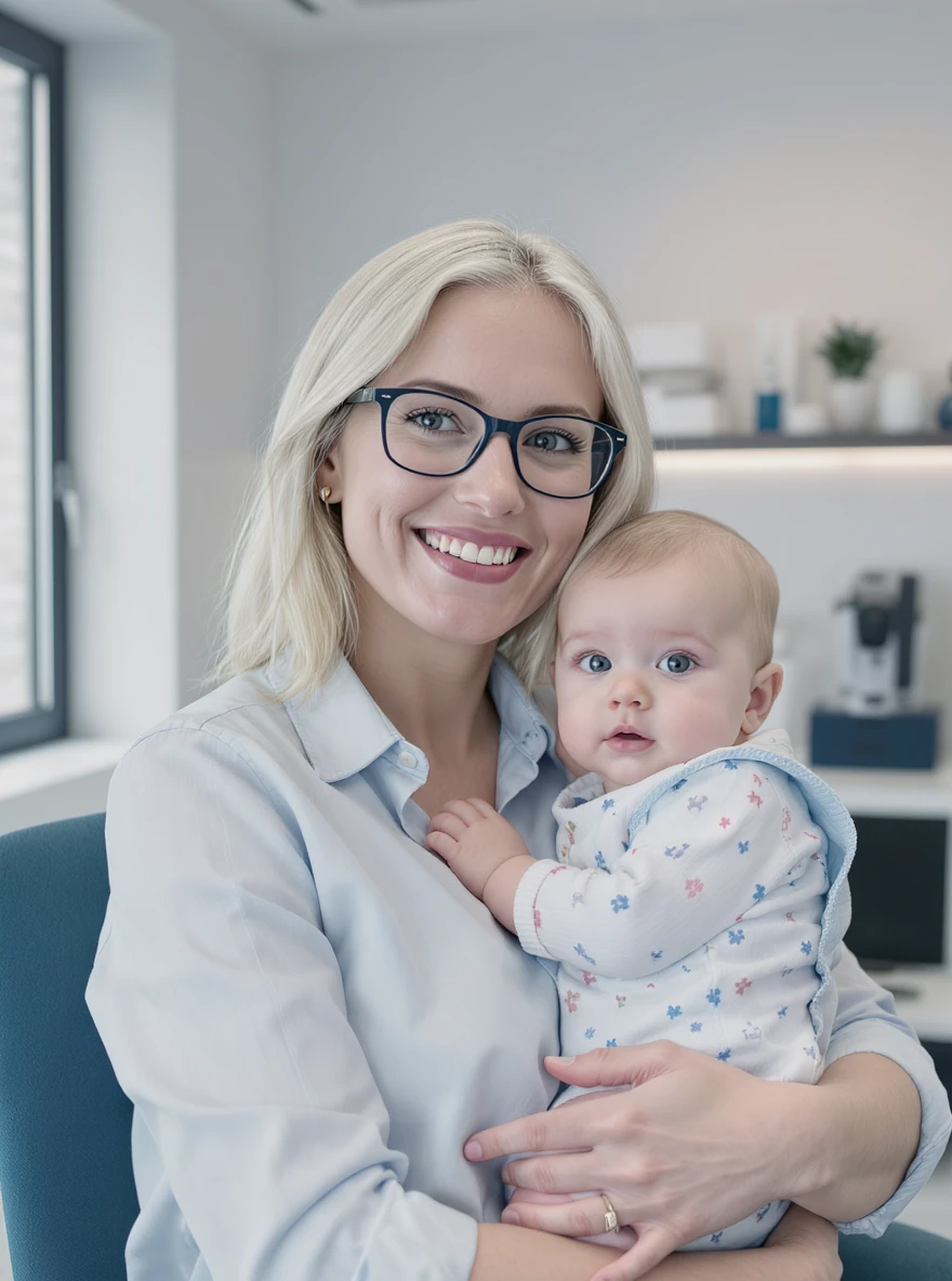 Cinematic still, Proffesional advertising of a smiling european white woman with glasses smiling holding baby, minimalistic ophthalmologist interior in background, leading  lines, "rule of thirds", 60/30/10 colors, soft light, blue colors emoji
