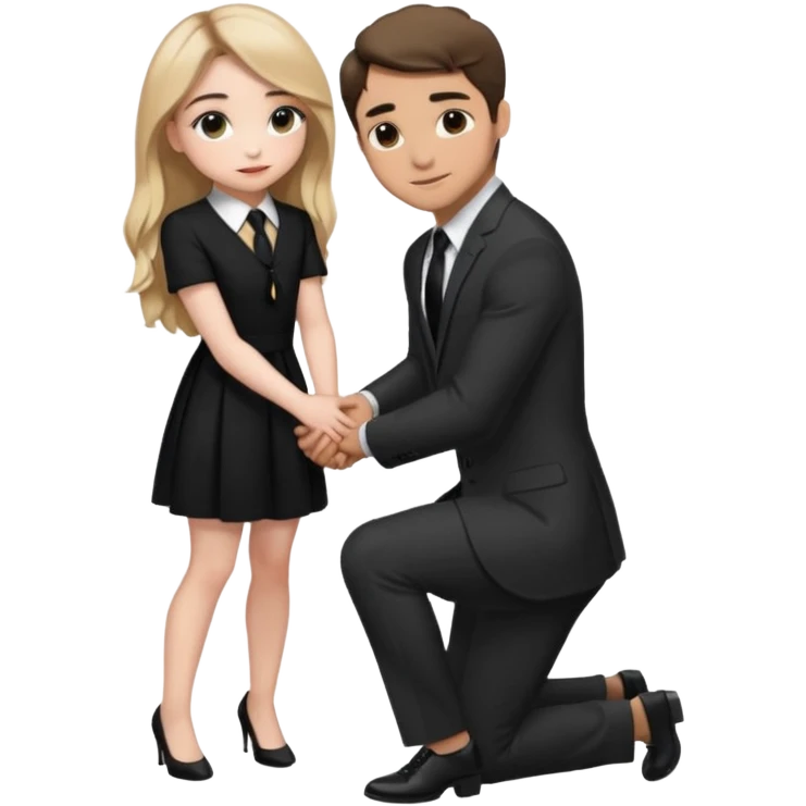  Sabrina carpenter kneeling down wearing a black dress with a tie, putting her hand on man’s leg who is standing  emoji