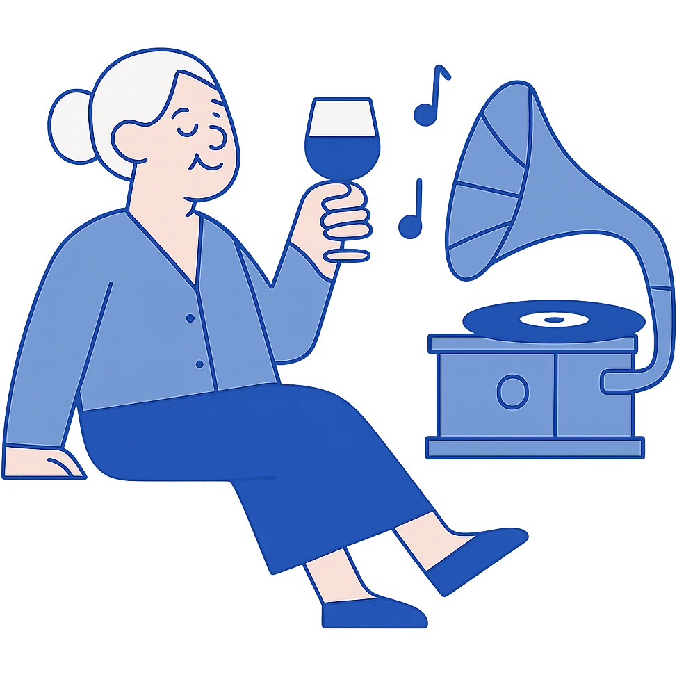 elderly woman relaxing with wineglass and gramophone emoji
