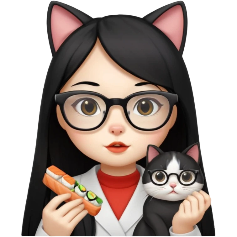 cute girl cat with long straight hair and really big square glasses with super thin frames eating sushi emoji