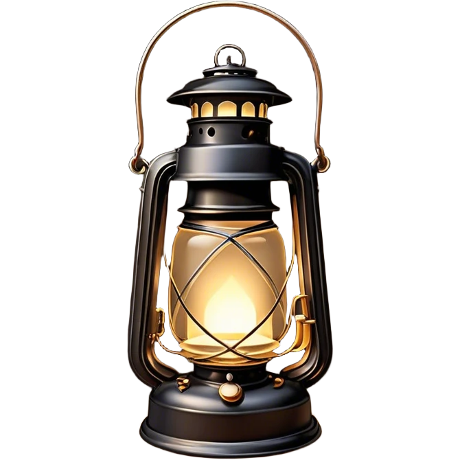Cinematic Realistic Lantern, an old-fashioned glass lantern with a warm flickering glow, delicate details on the metal handle, softly illuminating the surrounding darkness, glowing with a comforting and nostalgic charm. emoji