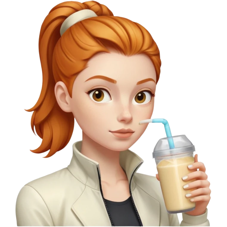 Ginger girl with cream jacket drinking pre workout shake middle part slick back bun emoji