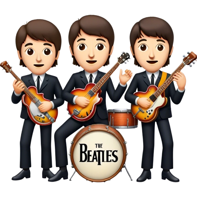 Cinematic Realistic The Beatles Group Emoji, depicted as an iconic band of four exuding playful charisma and musical genius with retro instruments and vibrant expressions, rendered with rich textures and nostalgic dynamic lighting that captures their legendary impact on pop culture. emoji