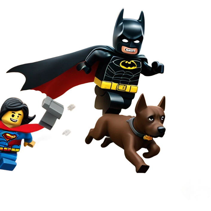 Lego Batman riding a Black lab chasing Superman  emoji