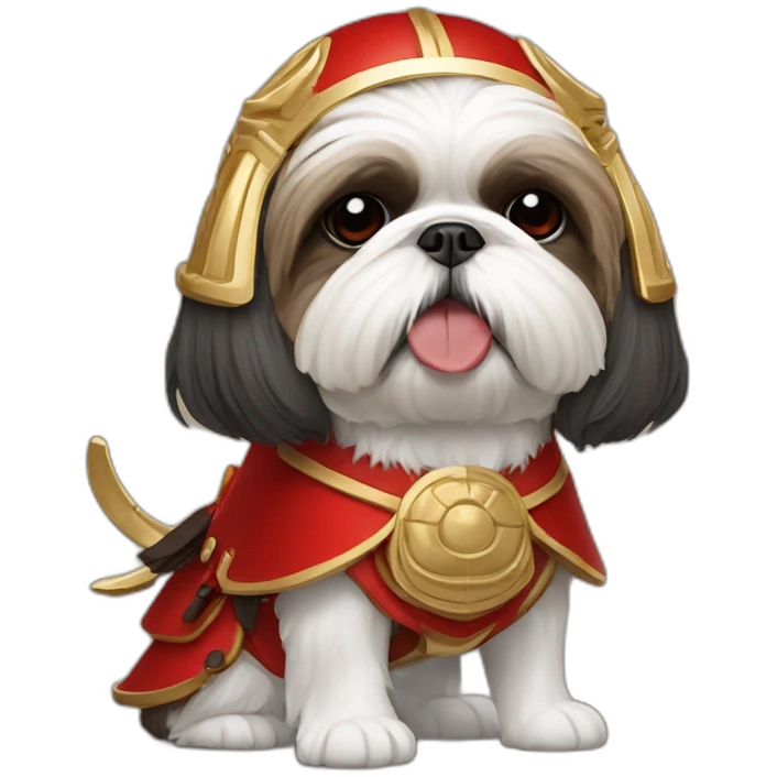shih tzu wearing red samurai helmet with gold beetle horns emoji
