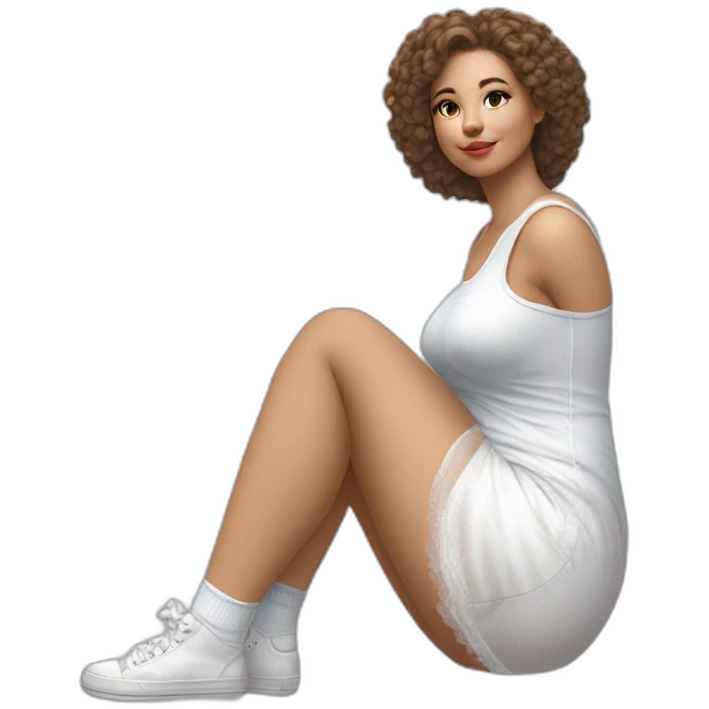 hyperrealistic-full-body-caucasian-curvy-beauty-sitting on the ground-small white-skirt-white knickers white socks emoji