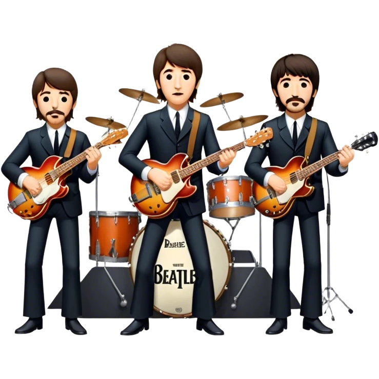 Rock music icon: The Beatles performing live on stage. John Lennon with guitar, Paul McCartney with bass, George Harrison with guitar, Ringo Starr on drums. Bright lights, energetic performance. Transparent background. emoji