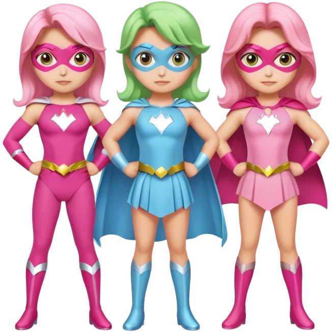 three superhero girls standing together - one in light blue costume, one in pink costume, and one in light green costume emoji