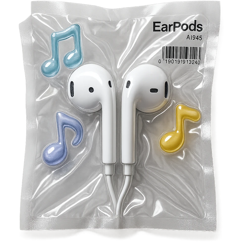 pair of white EarPods with three floating glass music notes in pastel colors, shiny and puffy, vacuum-sealed style emoji