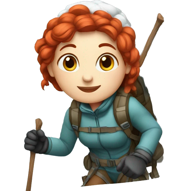 Female winter mountaineer red hair white skin climbing with Greek Flag and Easter eggs basket emoji