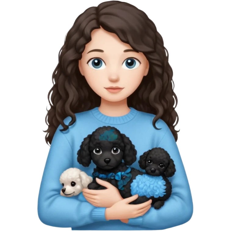 One Brunette girl with blue eyes and long hair in a light blue sweater holds one black Poodle puppy in her arms emoji