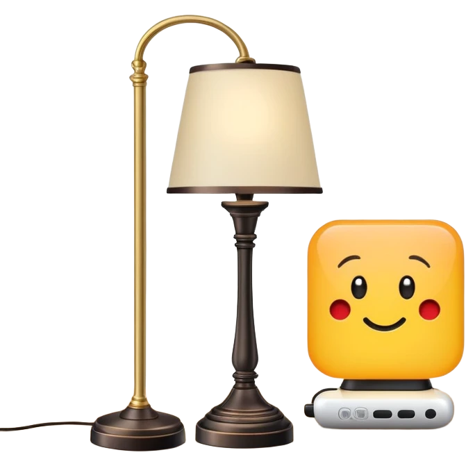 smartphone in foreground showing a quiz interface, with a floor lamp protruding from behind the phone emoji