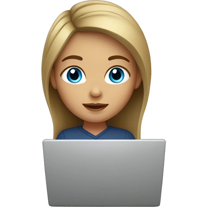 a girl with blue eyes and dark blond hair is sitting at a laptop emoji