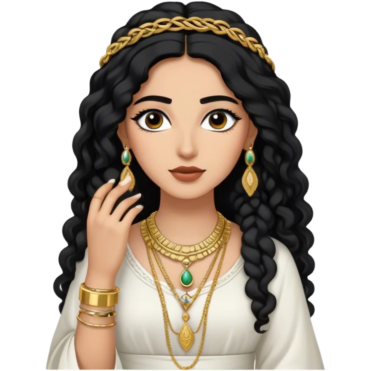 The Palestinian woman, she had long curly black hair and well defined eyebrows wears a white traditional dress. Her accessories steal the spotlight—intricately designed gold bangles, statement rings, and layered necklaces— she doesn’t have a head or hair accessories emoji