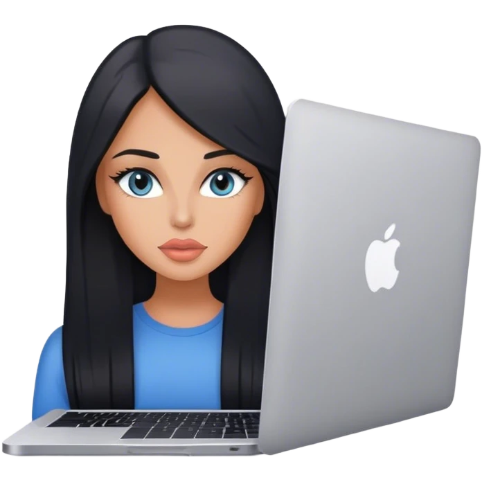 Glamours tanned very beautiful girl with pump peach nude lips and black straight smooth long hair, blue-grey eyes with MacBook emoji