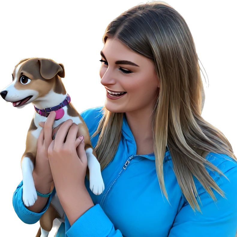 girl holding smiling dog emoji