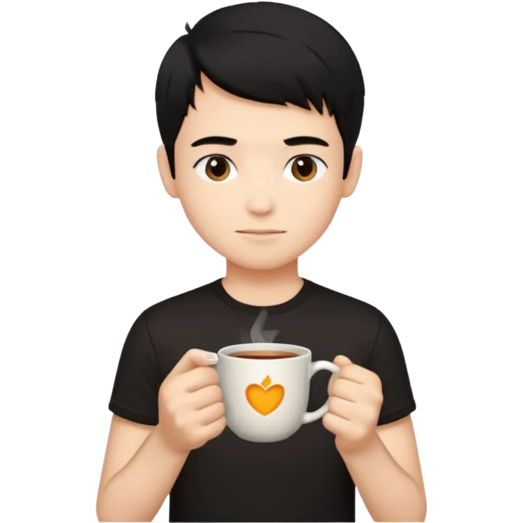 The boy teen have a black hair, and black T-shirt with a cup of tea emoji