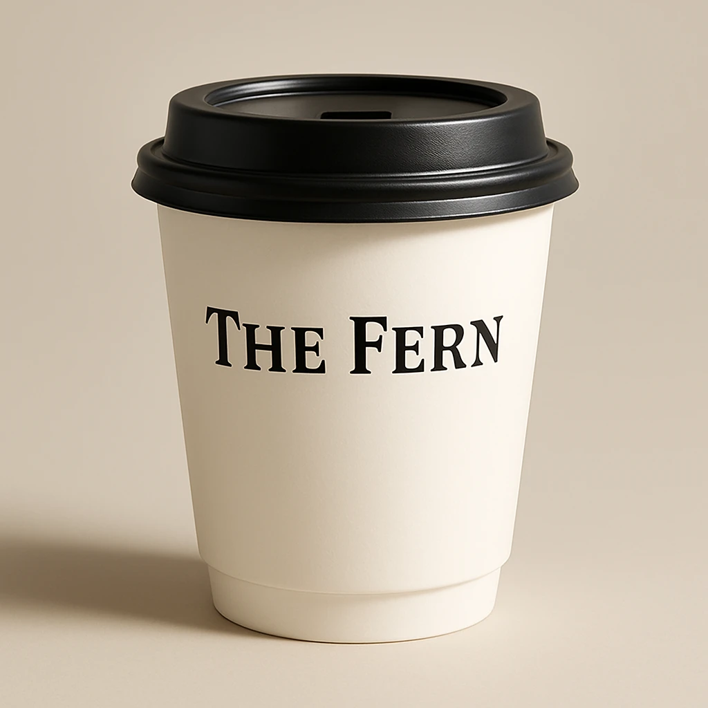 Make the white coffee cup a to-go cup with a lid, keep 'The Fern' in elegant serif letters, classic and refined look. emoji