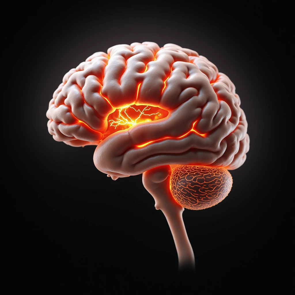 hyper-realistic medical CGI of an obese man's brain scan showing inflamed hippocampus in red, shrunken prefrontal cortex, yellow lightning representing glucose spikes disrupting neural pathways, black clots as amyloid plaques, constricted blood vessels, 4K resolution, clinical style emoji