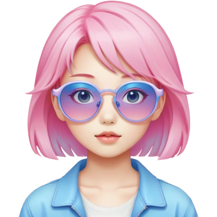 Vaporwave aesthetic Japanese girl with pastel pink hair, retro 80s sunglasses, nostalgic color palette of pink and blue, Japanese kanji characters floating, gradient background emoji