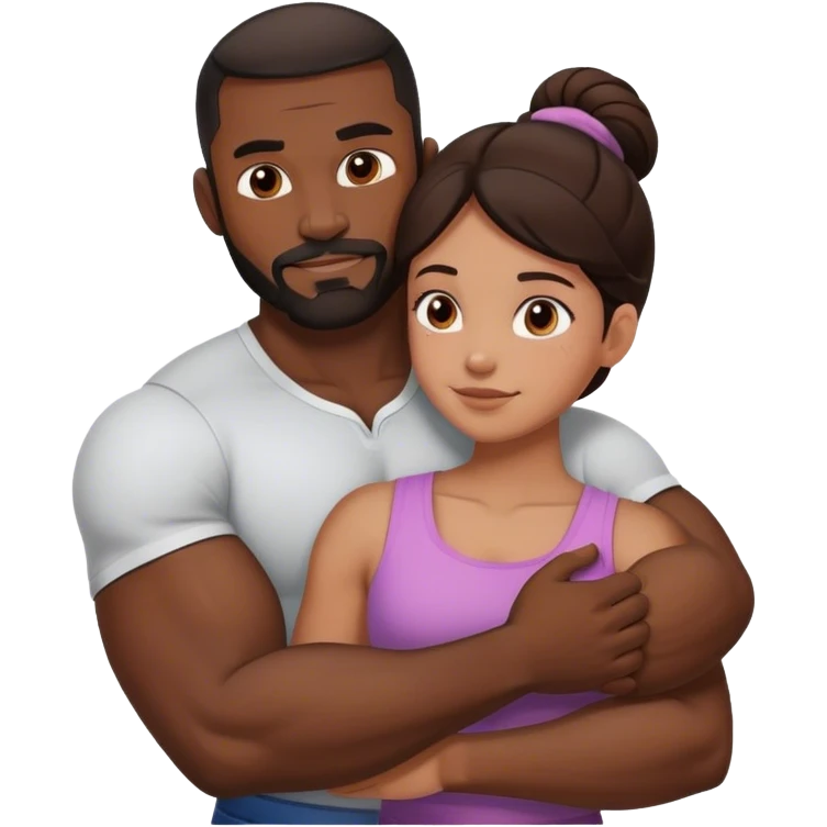 Black man with facial hair and muscles hug small brunette woman emoji